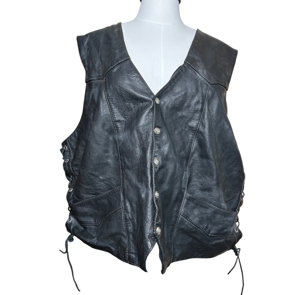 Interstate Leather Mens Black Biker Motorcycle Vest Side Lace Snap Front XXL‎